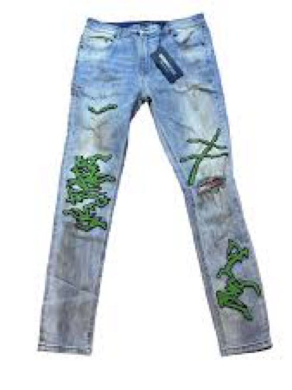 Light Wash Embroidered Skinny Jeans - Green‎ Accent